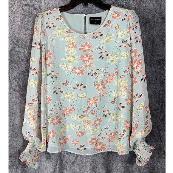 Satin & Heart Tops - Satin & Heart Floral Semi Sheer Lined Blouse Womens L Flowy Peasant Boho Cottage